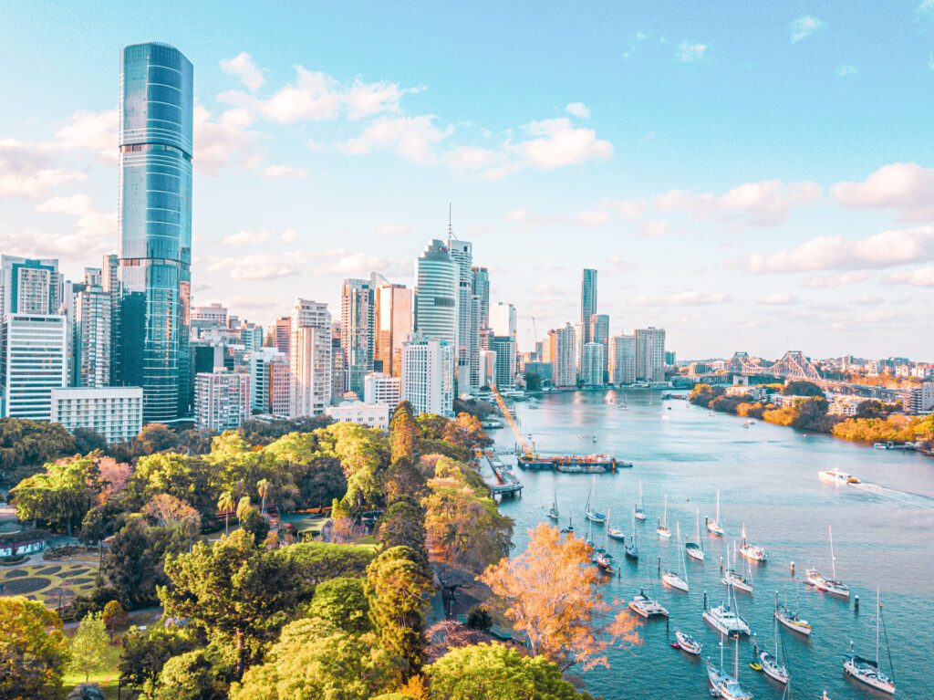 Aerial view of Botanic Gardens and Brisbane City, a recommended destination for a two-day itinerary in Brisbane