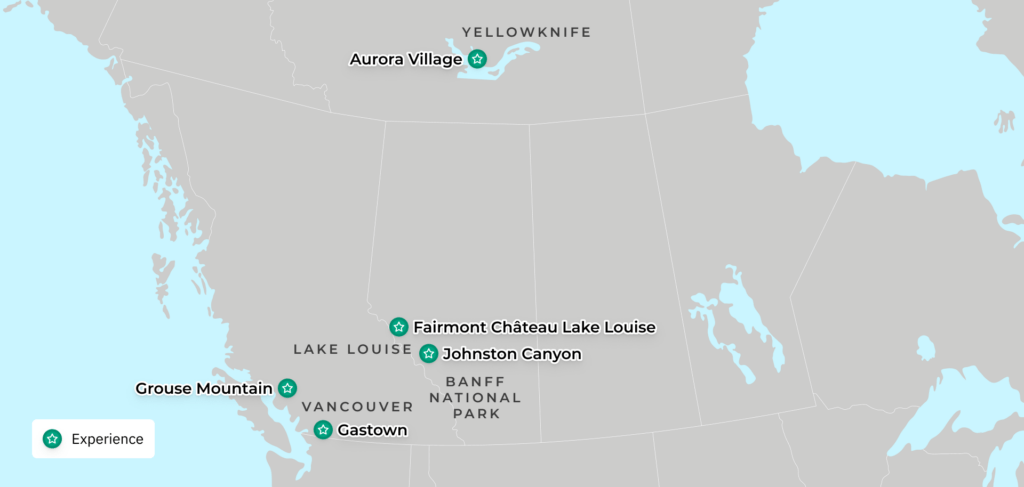 A map of Canada including sites light Lake Louise and Banff National Park which are one of the many reasons to visit Canada in winter - Luxury Escapes