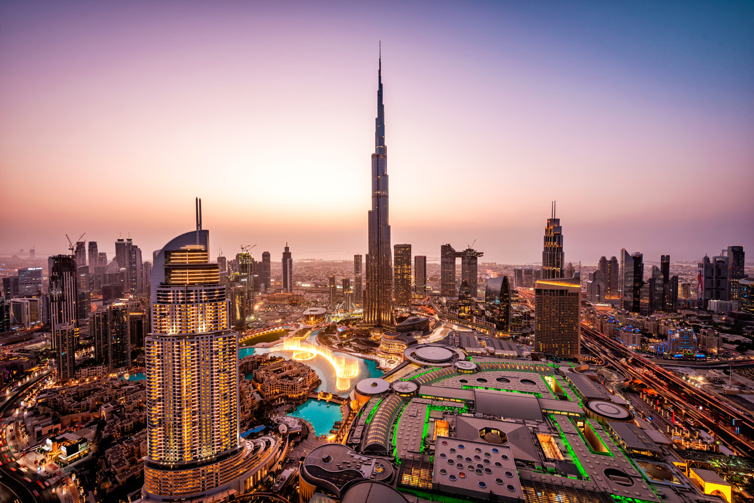 Dubai skyline at sunset with Burj Khalifa|||