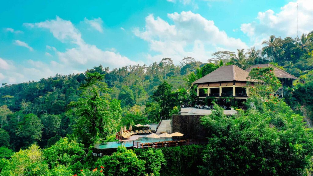 Exterior shot of the pool and surrounding jungle at Hanging Gardens of Bali||||||