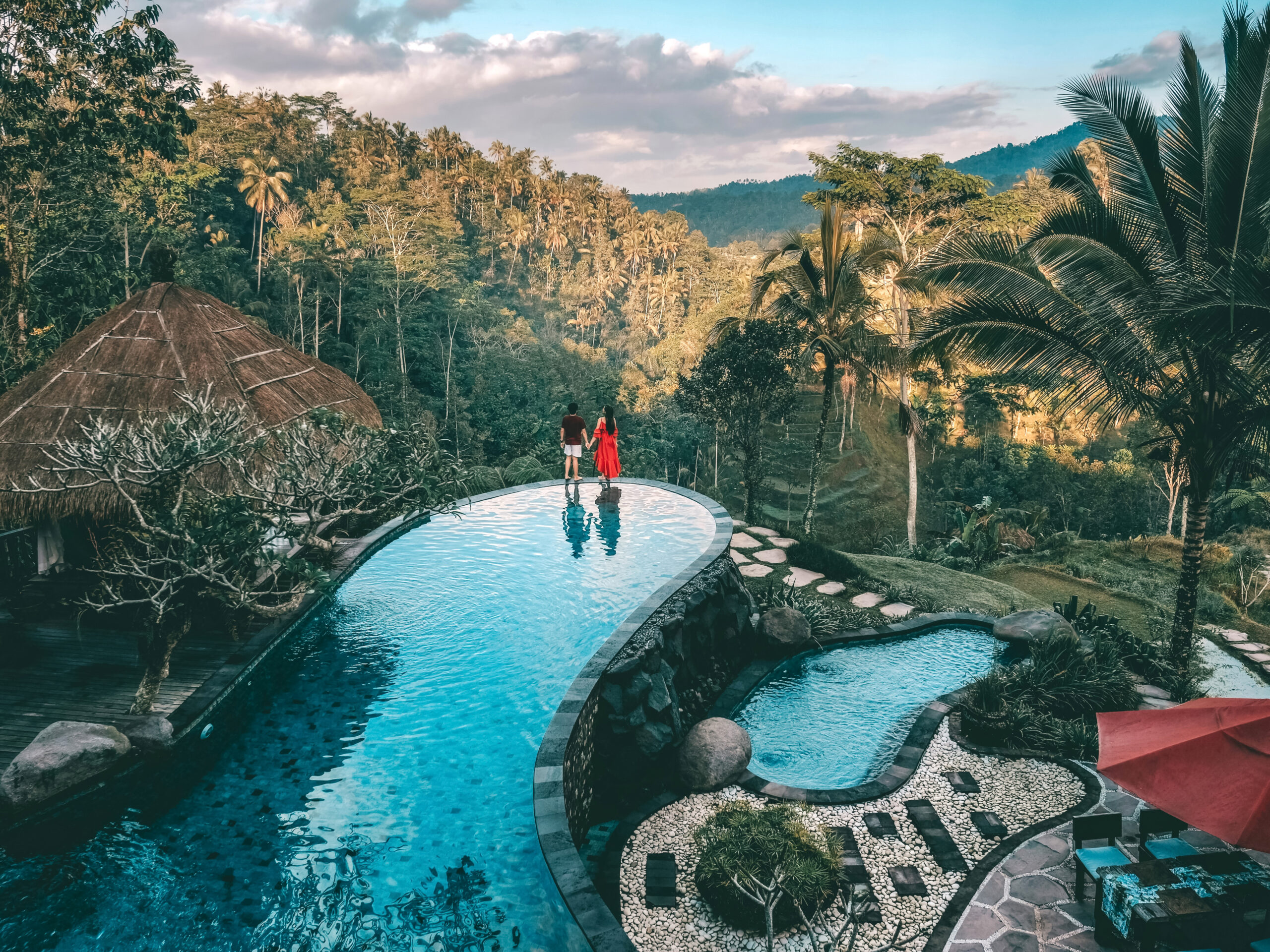 Bali Ubud with two people stnading at the edge of an infinity pool overlooking the green lush terraces|