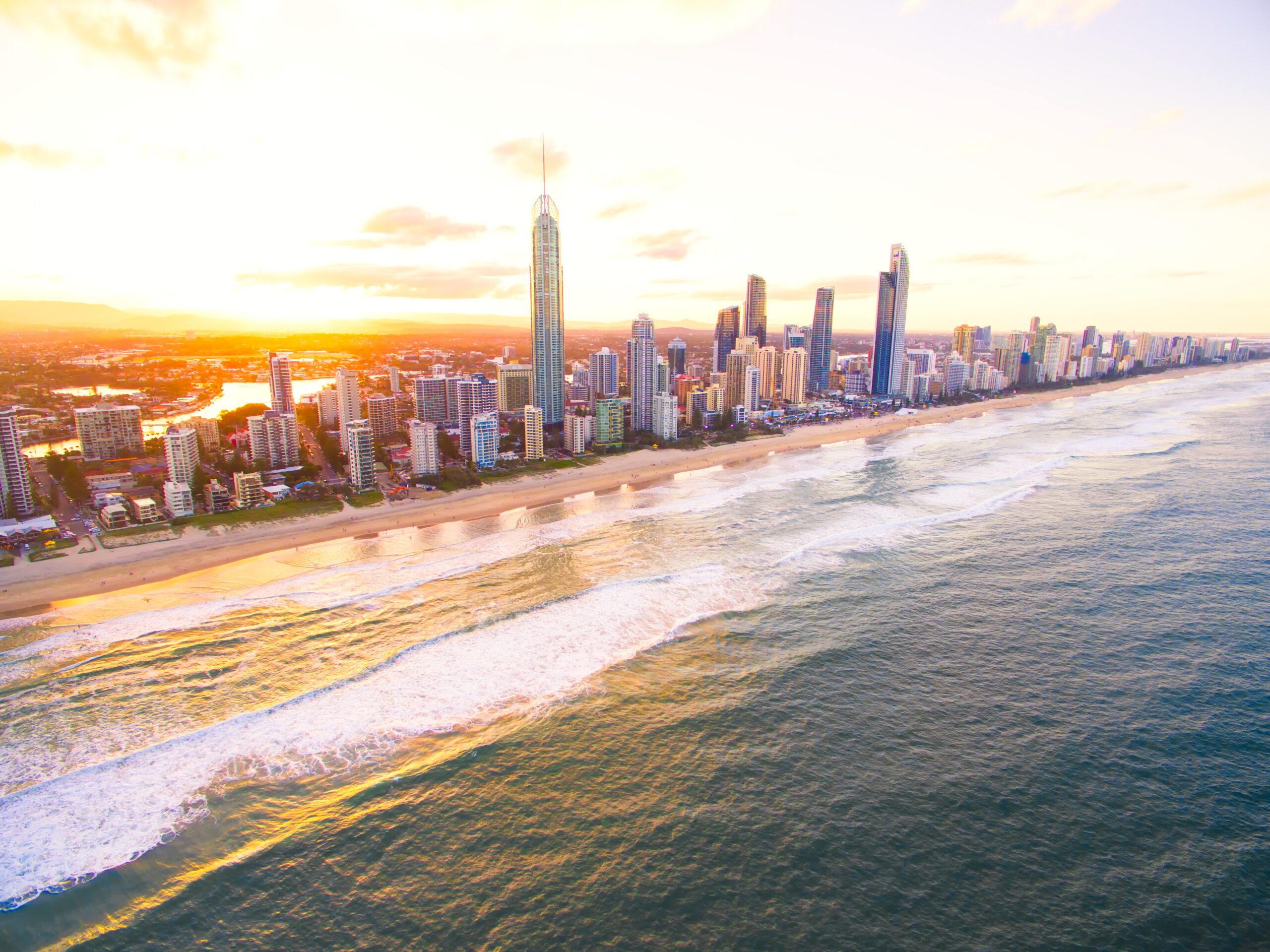 Surfers Paradise skyline at sunset from an aerial view||