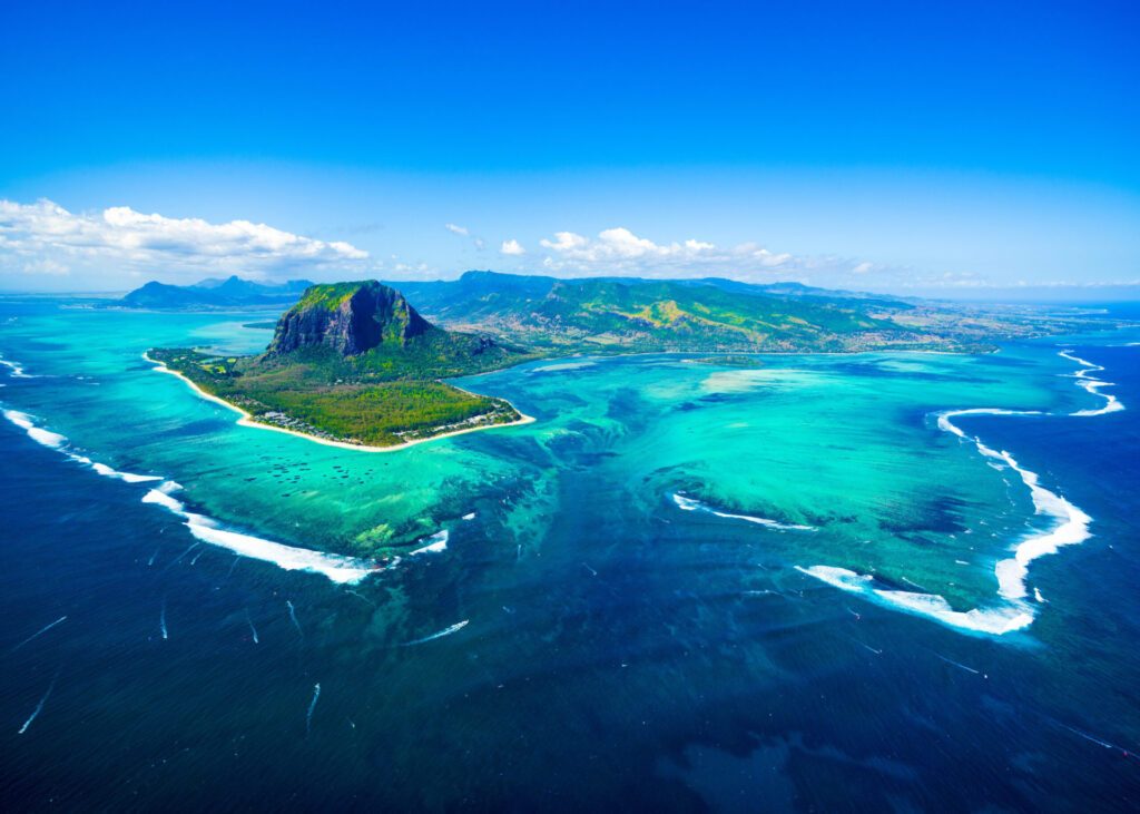 Aerial view of Mauritius island panorama and famous Le Morne Brabant mountain