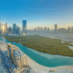 Yas Island bay and city skyline