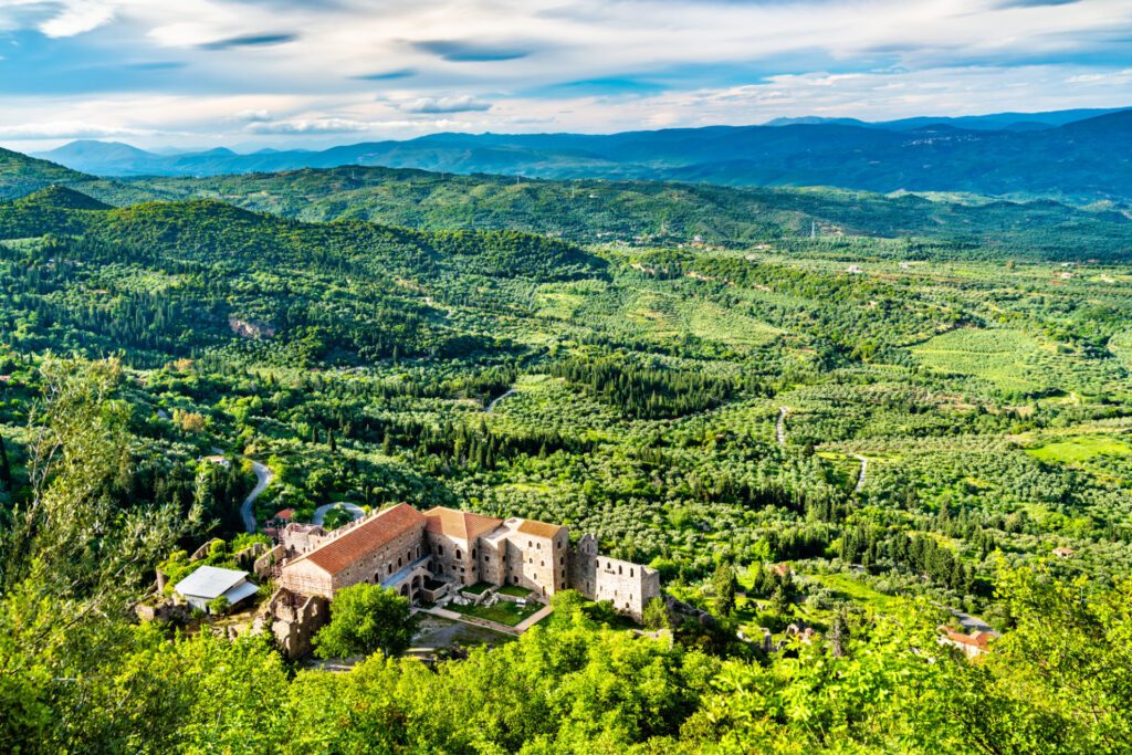 An aerial view of an old manor in the countryside on the Peloponnese Peninsula, one of Greece's best kept secrets