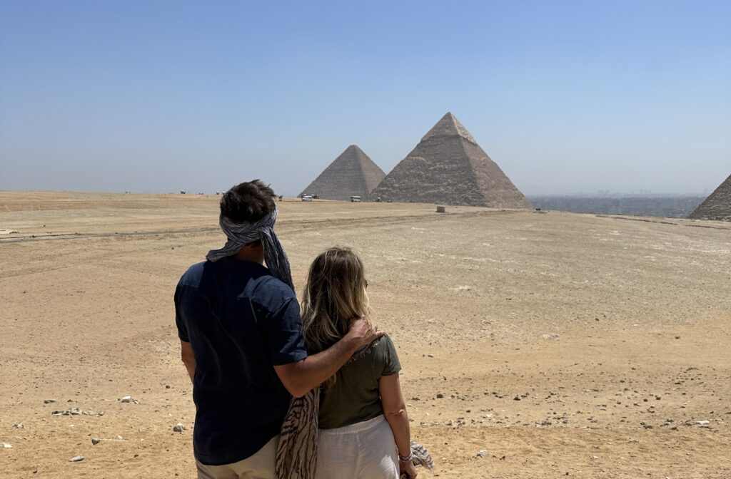 Natalie Bassingthwaighte and Matt Le Nevez admiring the Pyramids of Giza in Egypt, where they visited while filming Luxury Escapes: The World's Best Holidays