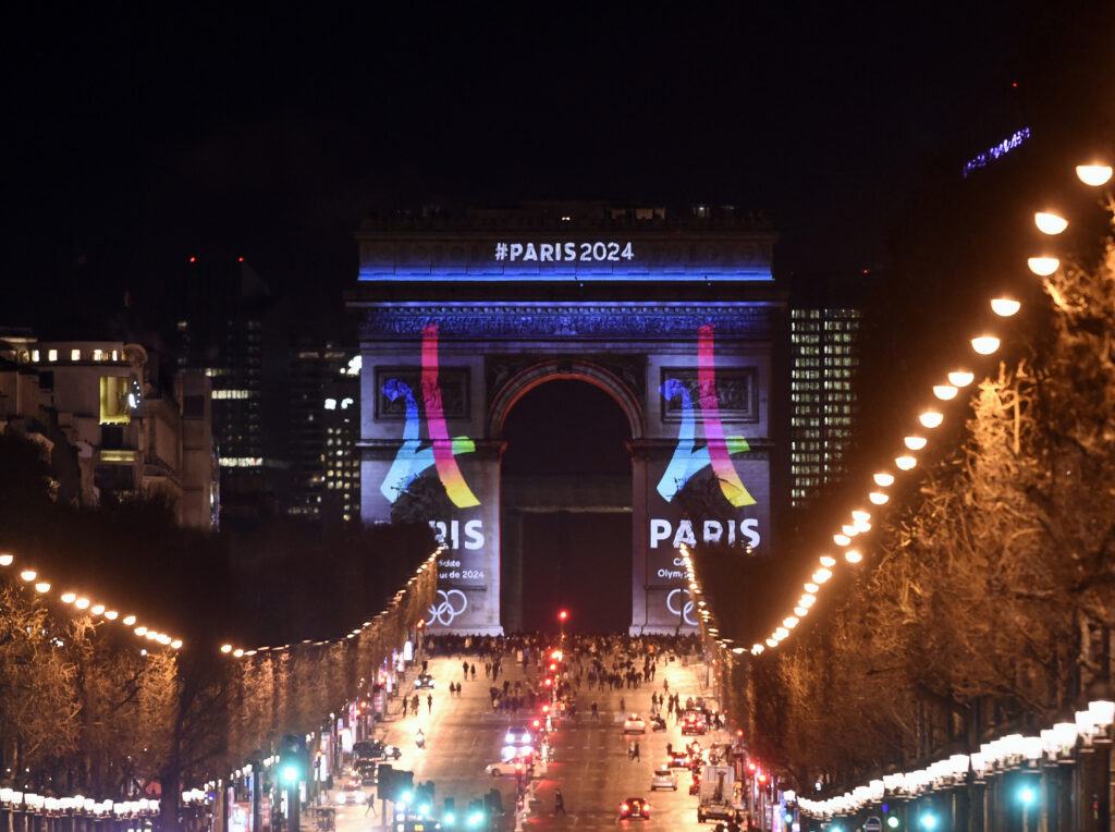 The Paris 2024 Olympic Games logo as seen on the Arc de Triomphe