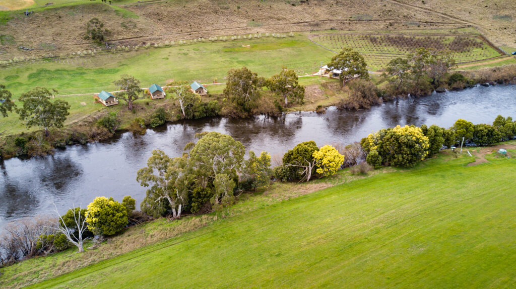 Aerial view of Truffle Lodge in Tasmania near the Derwent River