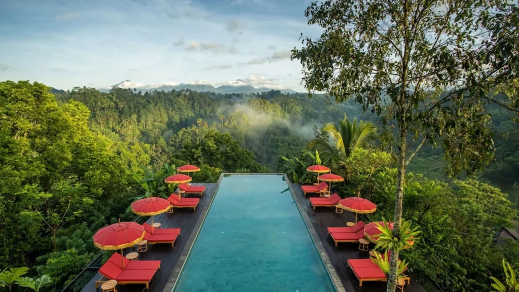 The view across the pool and jungle from Buahan, A Banyan Tree Escape, which is one of Bali's best adults-only resorts.