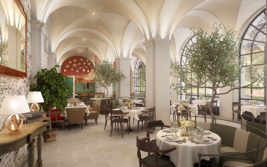 Rendering of the restaurant at upcoming hotel Florence Collegio alla Querce (Auberge Collection). Image courtesy of Auberge Resorts Collection.
