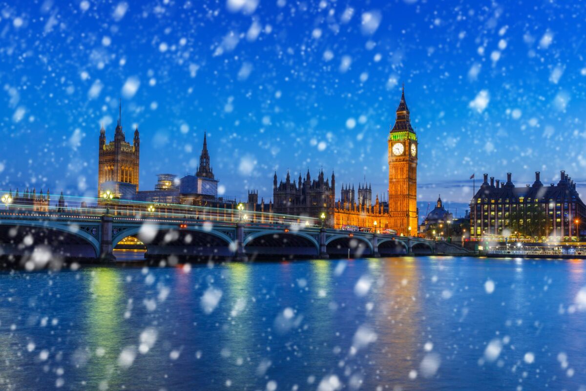 Snowy scene in London, one of the top places to enjoy winter in Europe.