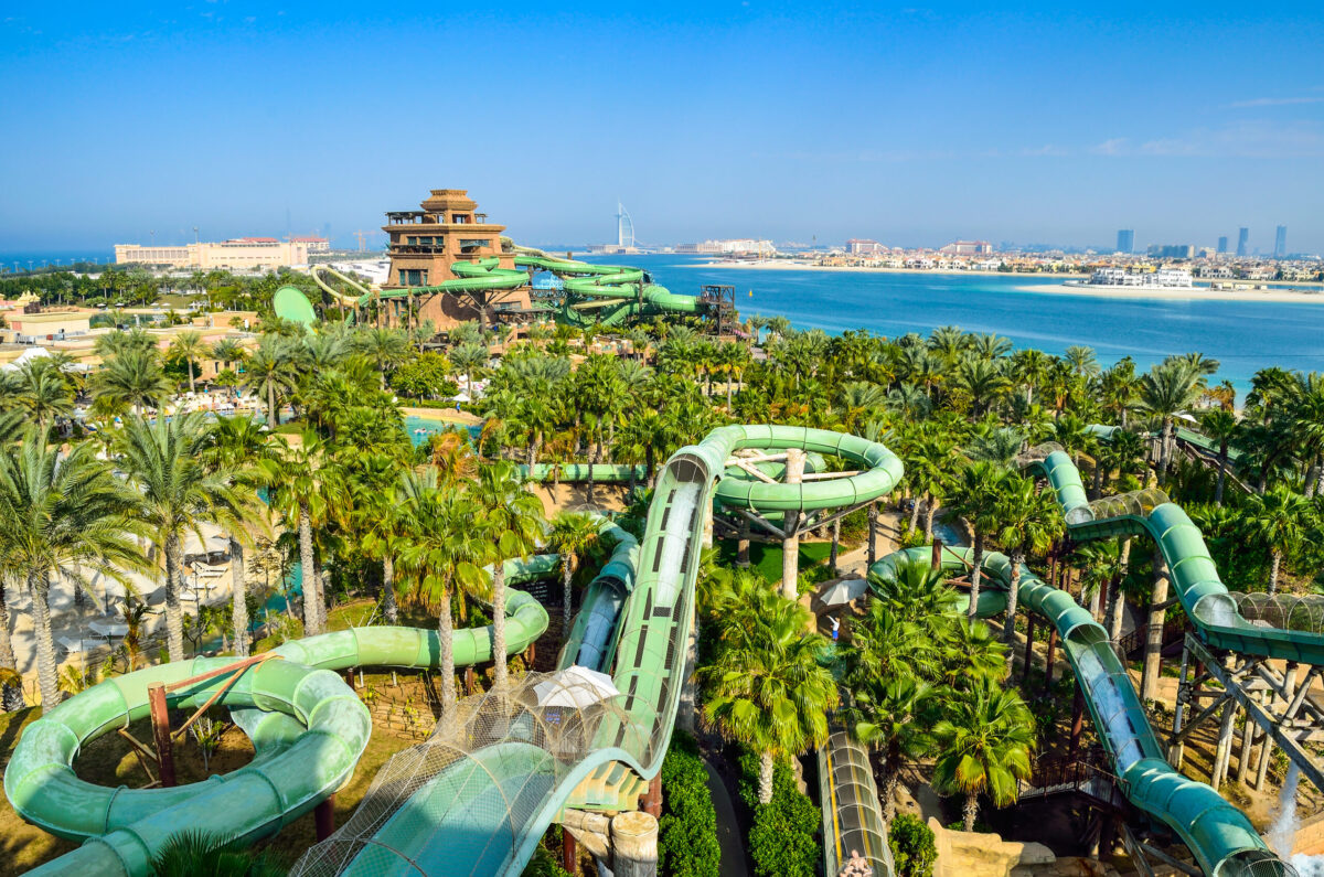 An aerial view of Aquaventure Waterpark, Dubai, one of the best family friendly destinations - Luxury Escapes