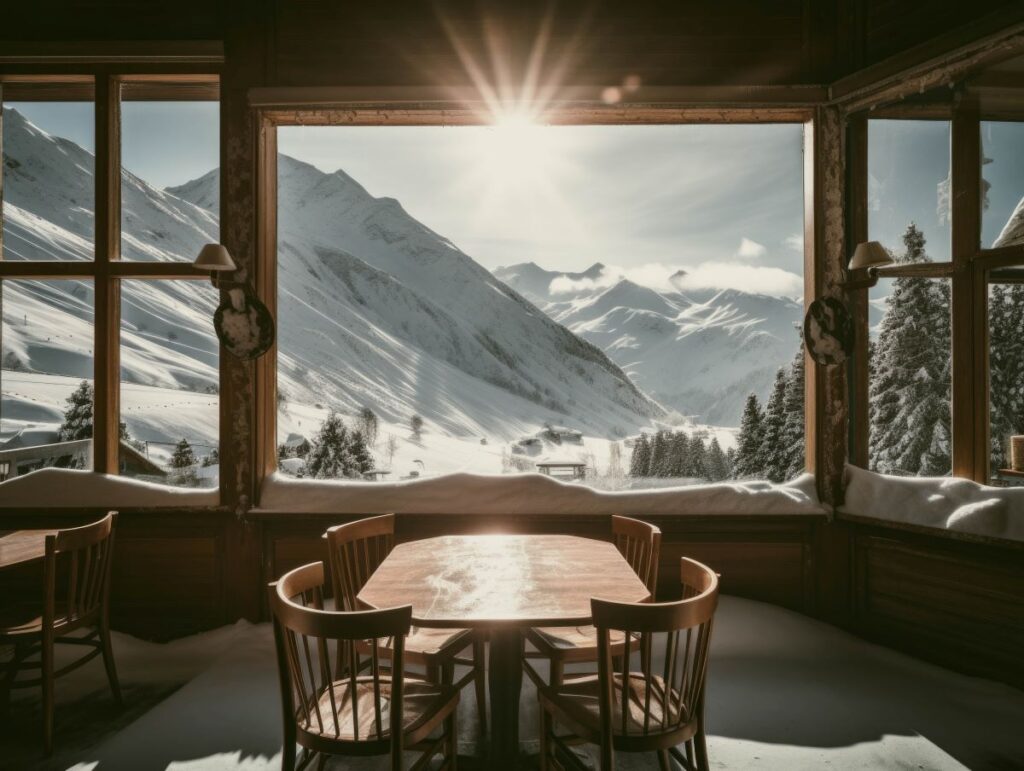 A wooden table overlooking the ski slopes in Switzerland, which is best explored during the early months of the year - Luxury Escapes