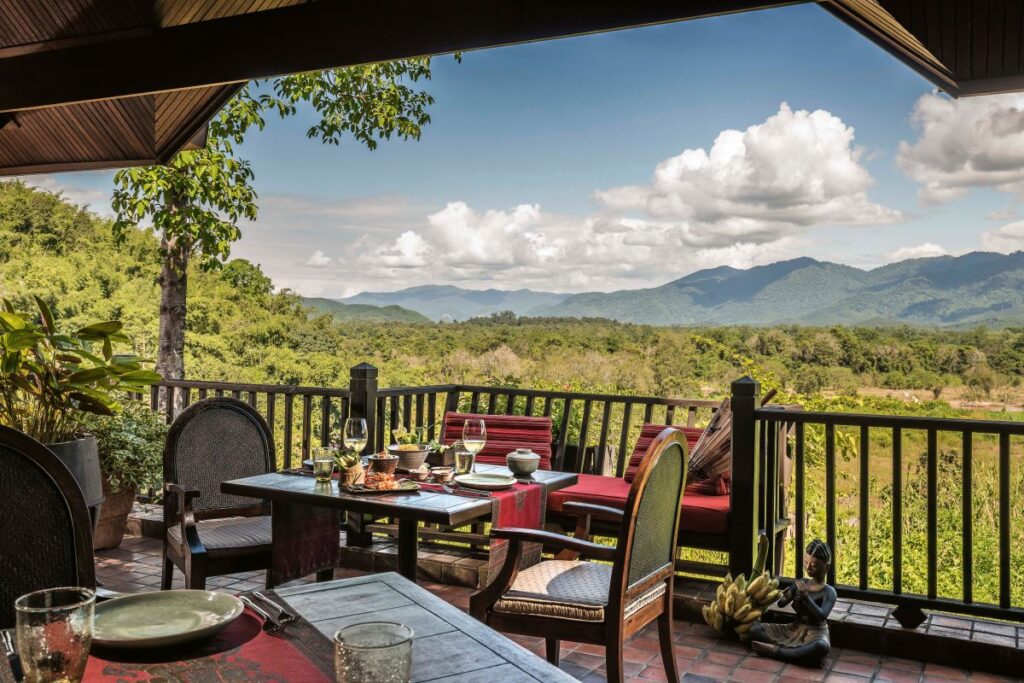 The view from an alfresco table setting at Anantara Chiang Mai Resort, one of the standout properties in northern Thailand's golden triangle - Luxury Escapes 