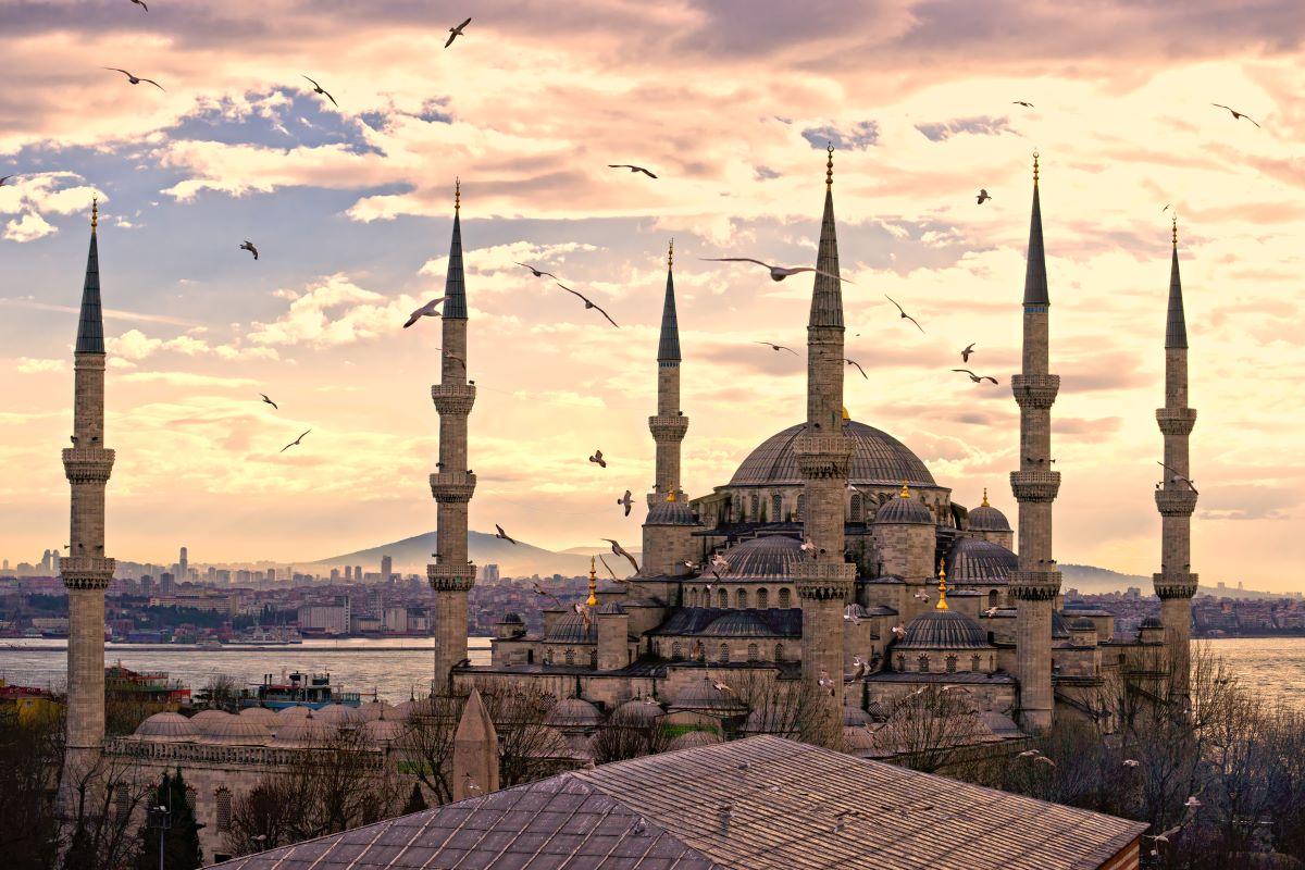 A view of Hagia Sophia Mosque surrounded by birds in the sky, with the backdrop of Istanbul's coastline, a place your can visit with Turkish Airlines - Luxury Escapes