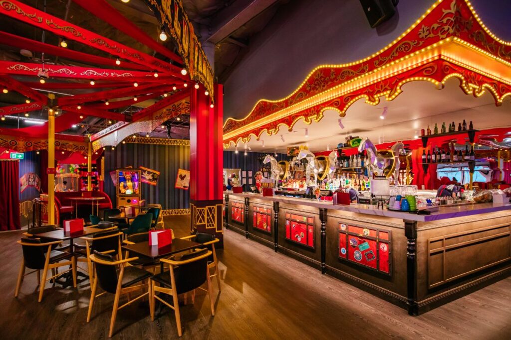 The circus-themed interior of Archie Brothers Cirque Electriq entertainment precinct - Luxury Escapes