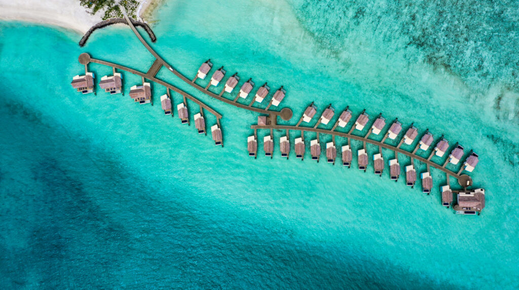 Aerial shot of the iconic Hard Rock Hotel Maldives - Luxury Escapes