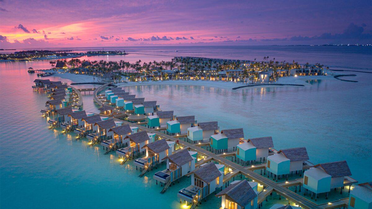 Aerial shot of the iconic Hard Rock Hotel Maldives - Luxury Escapes