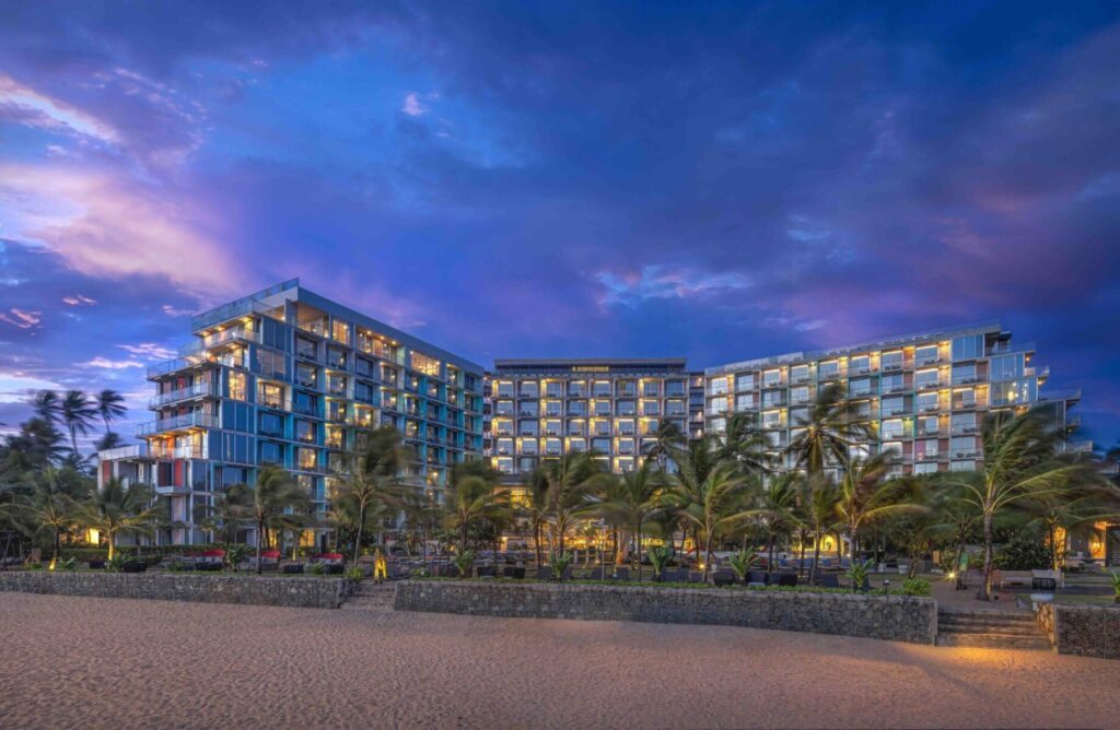 Looking up at the Radisson Blu Resort Galle, the perfect base to explore Sri Lanka's south coast, from the resort's beach.