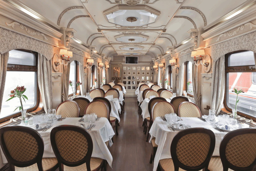 The restaurant onboard the Golden Eagle, a luxury private train journey through Central Asia - Dream by Luxury Escapes