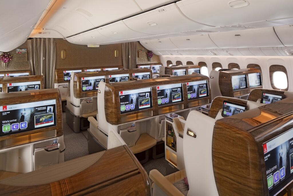 Emirates flight B777-300ER, business class cabin - Luxury Escapes