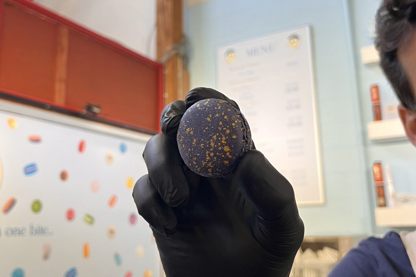 An earl grey macaron from Bon Macaron at the Granville Island Market.