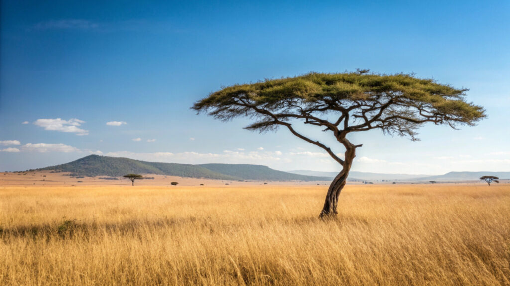 Single Acacia Tree in Golden Grass Savannah with Blue Sky and Distant Hills – African Serengeti Safari Landscape Nature Background