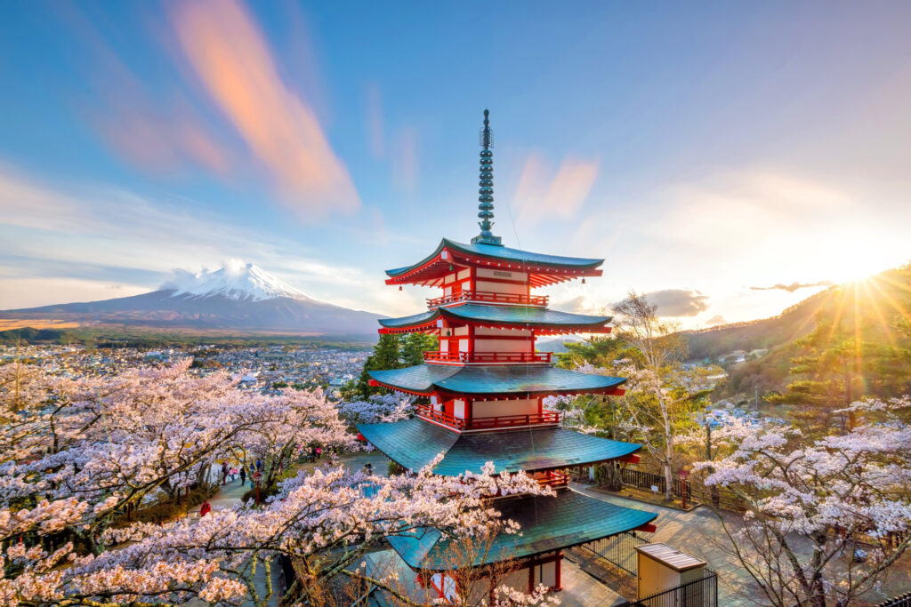 Mountain Fuji and Chureito red pagoda with cherry blossom sakura at sunset