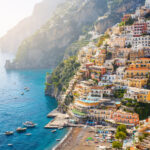 Stunning view over Positano town and beach in Amalfi coast in Italy