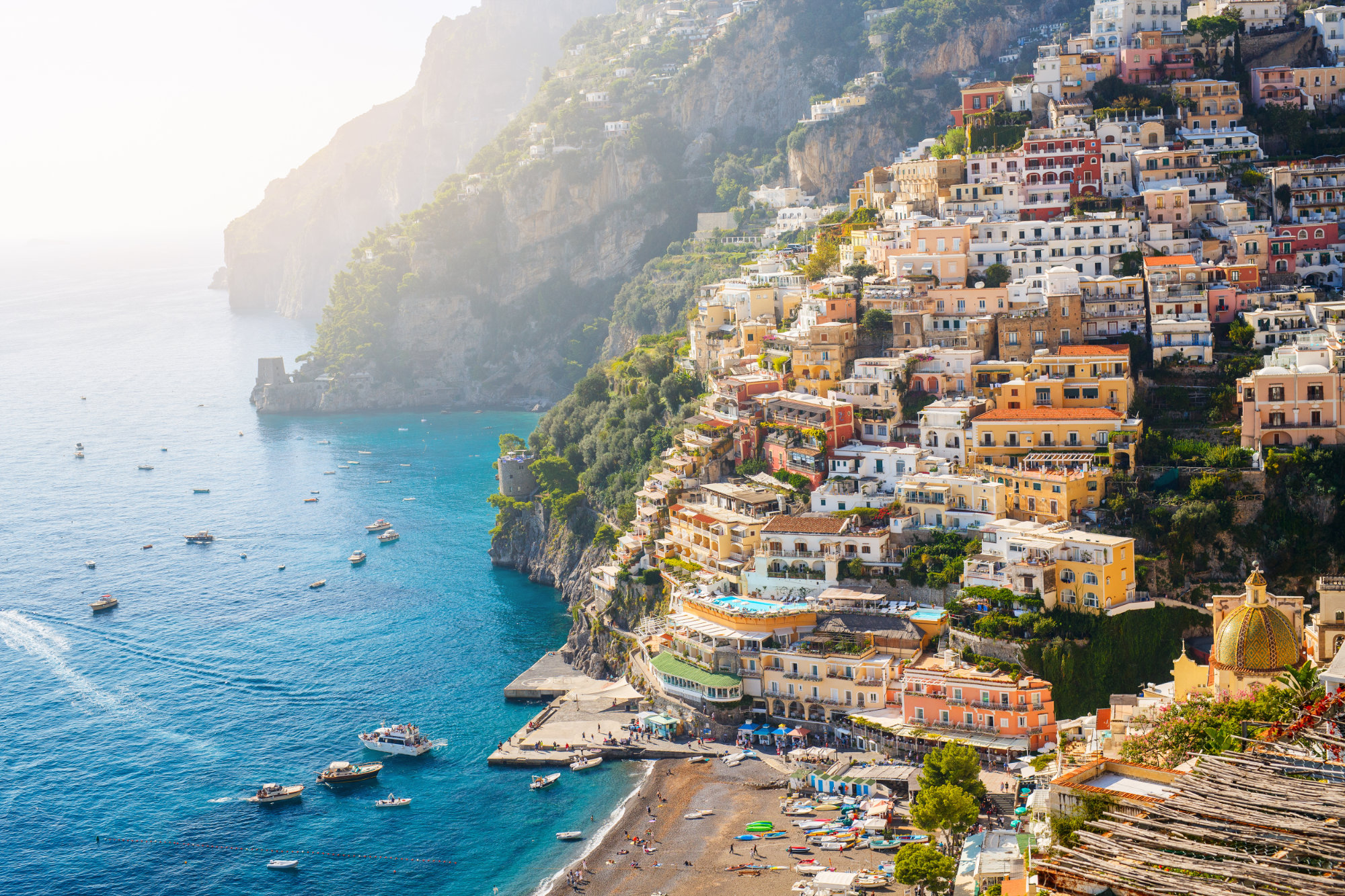 Stunning view over Positano town and beach in Amalfi coast in Italy