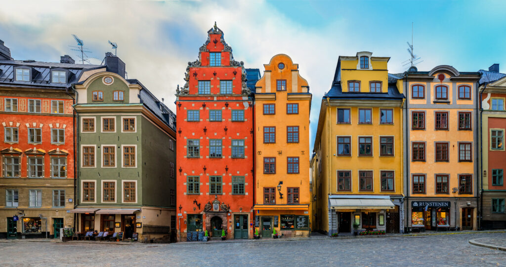 Ornate houses on the famous Stortorget square in the heart of Old Town Gamla Stan