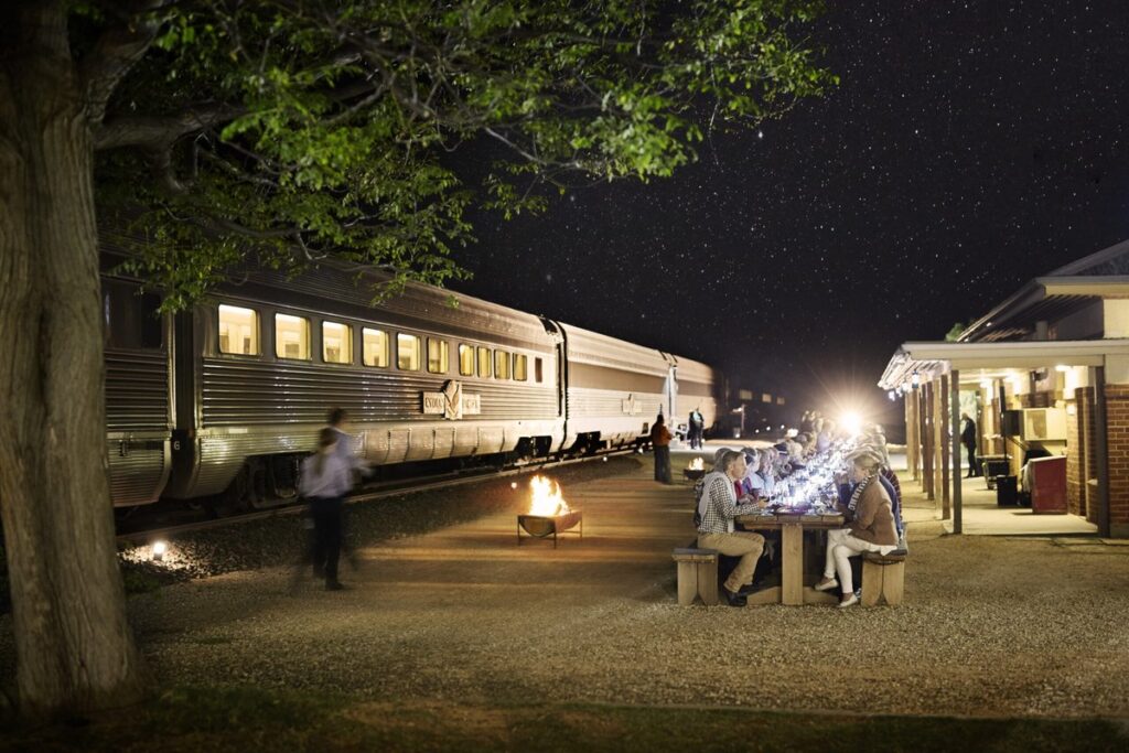 Group dining in an off board experience while touring with the Indian Pacific