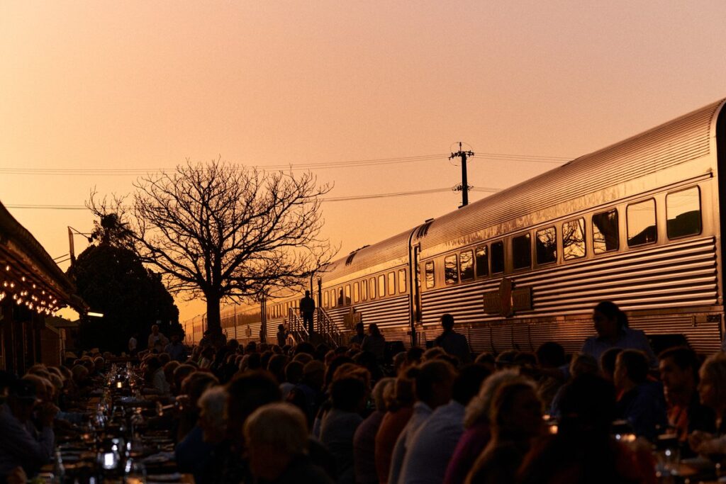 Outdoor dinner beside the Indian Pacific at Rawlinna, Australia