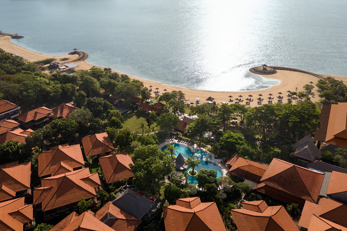 Aerial shot of Bali Tropic Resort & Spa on the beachfront of Nusa Dua, Bali