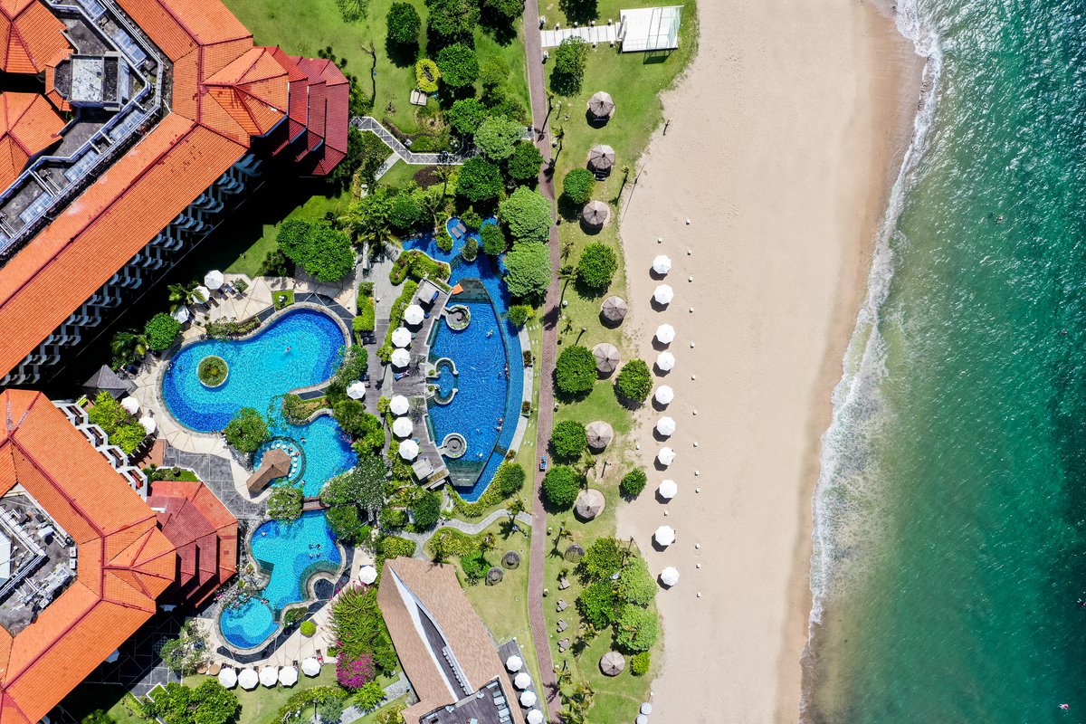 Aerial shot of the beachfront resort Grand Mirage Resort & Thalasso Bali