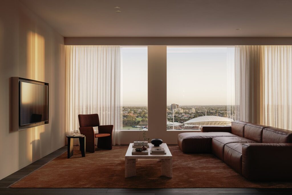Penthouse living room at Little National Adelaide, South Australia