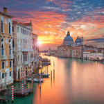 Sunset over a European city