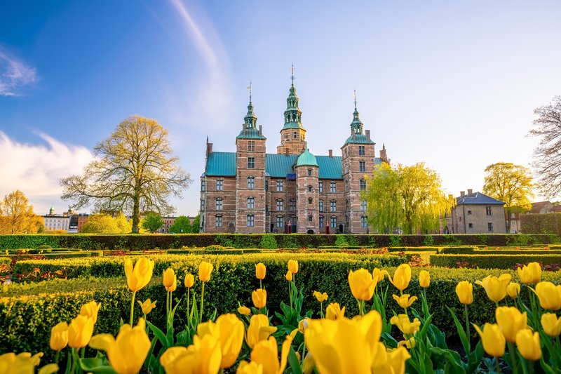 Rosenborg Castle surrounded by tulips in Copenhagen, Denmark