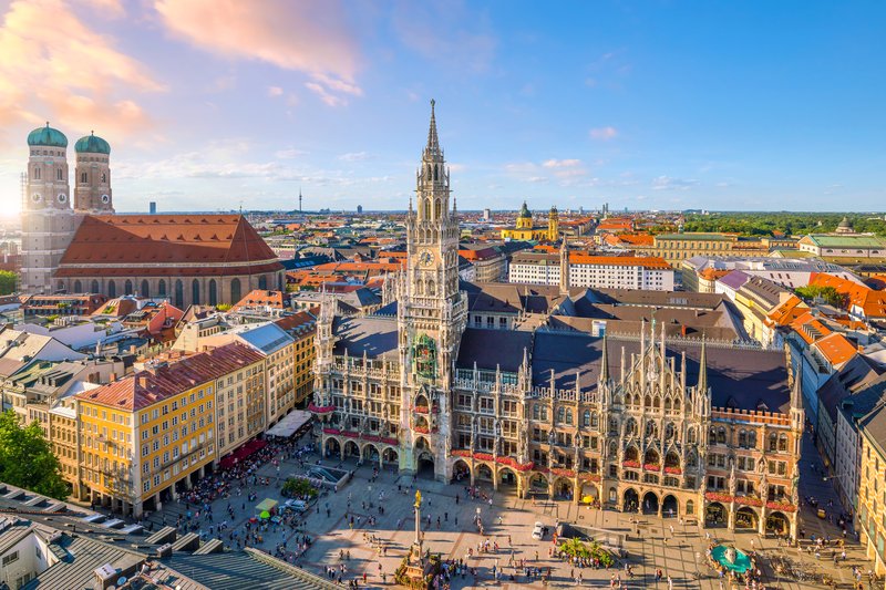 Marienplatz at sunset in Munich, Germany