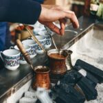 Turkish coffee prepared over hot coals