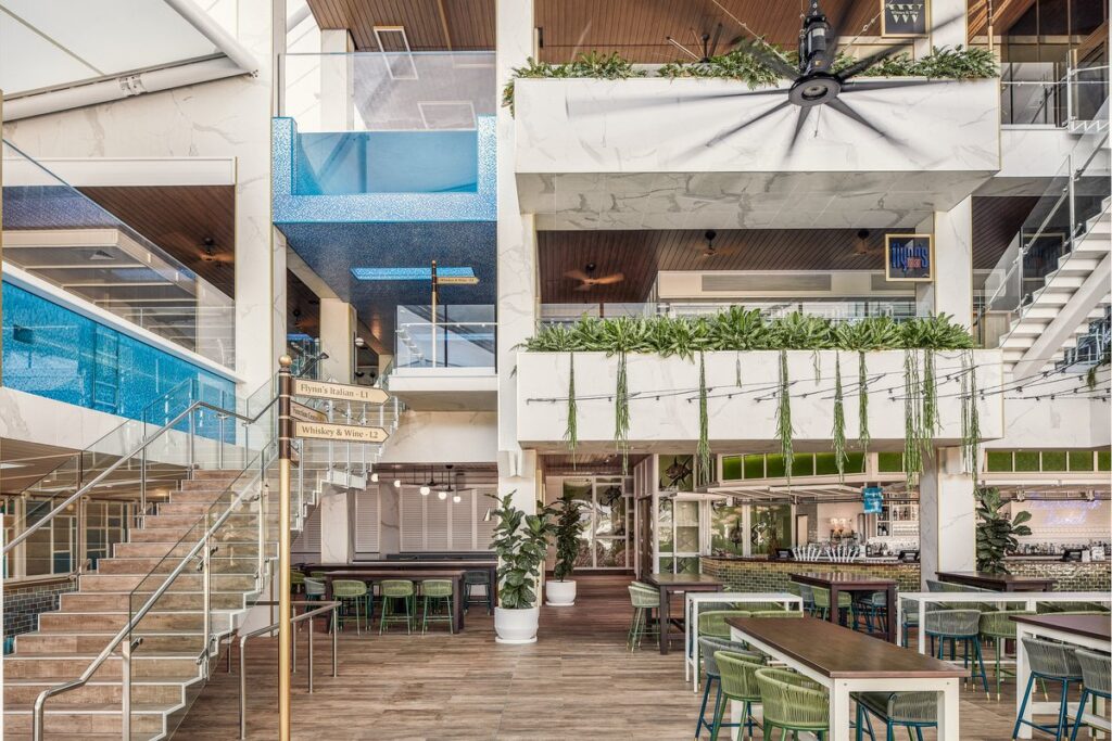Flynn’s Italian restaurant and pool atrium at Crystalbrook Flynn, Cairns