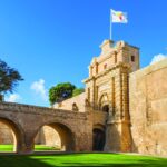 Mdina Gate and historic limestone fortifications in Malta