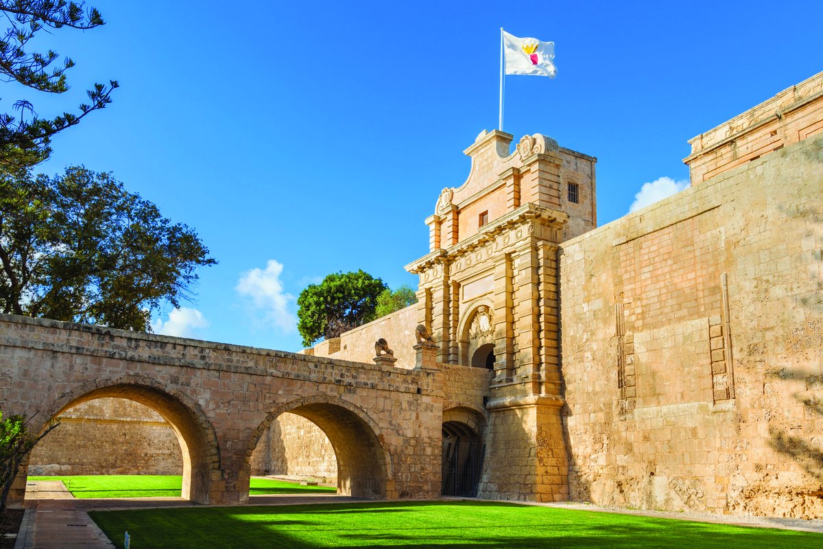 Mdina Gate and historic limestone fortifications in Malta