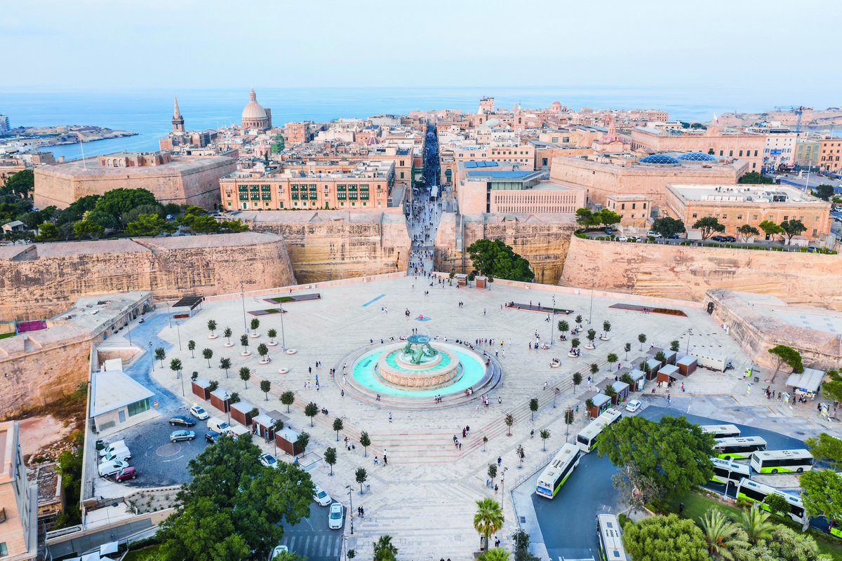 Aerial view of Triton Fountain at Valletta City Gate, Malta