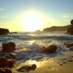 Sunset over waves breaking between rocky Mornington Peninsula shores