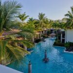 Penthouse view over a palm-lined resort pool