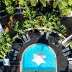 Aerial view of the pool and tropical gardens at Shangri-La The Marina, Cairns