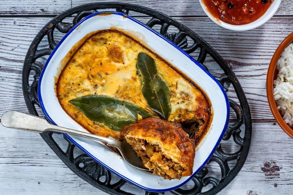 Bobotie with rice and chutney in South Africa